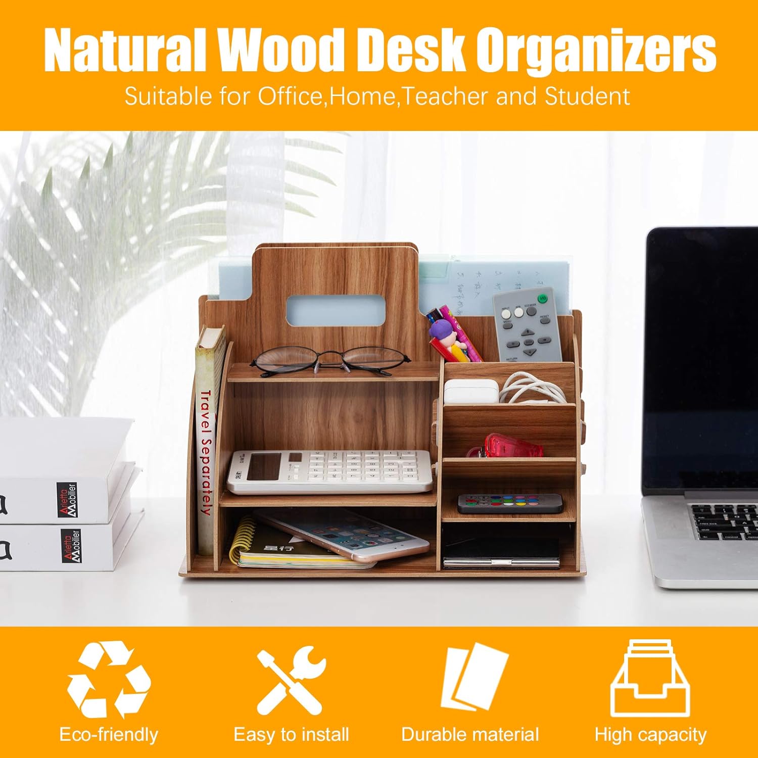 Wood Desk Stationary Organizer and Accessories, Multi-Functional Desktop Organizer, Large Capacity Pen Organizer File Holder with 10 Compartments for Office, School, Home Supplies Organization: Home Improvement