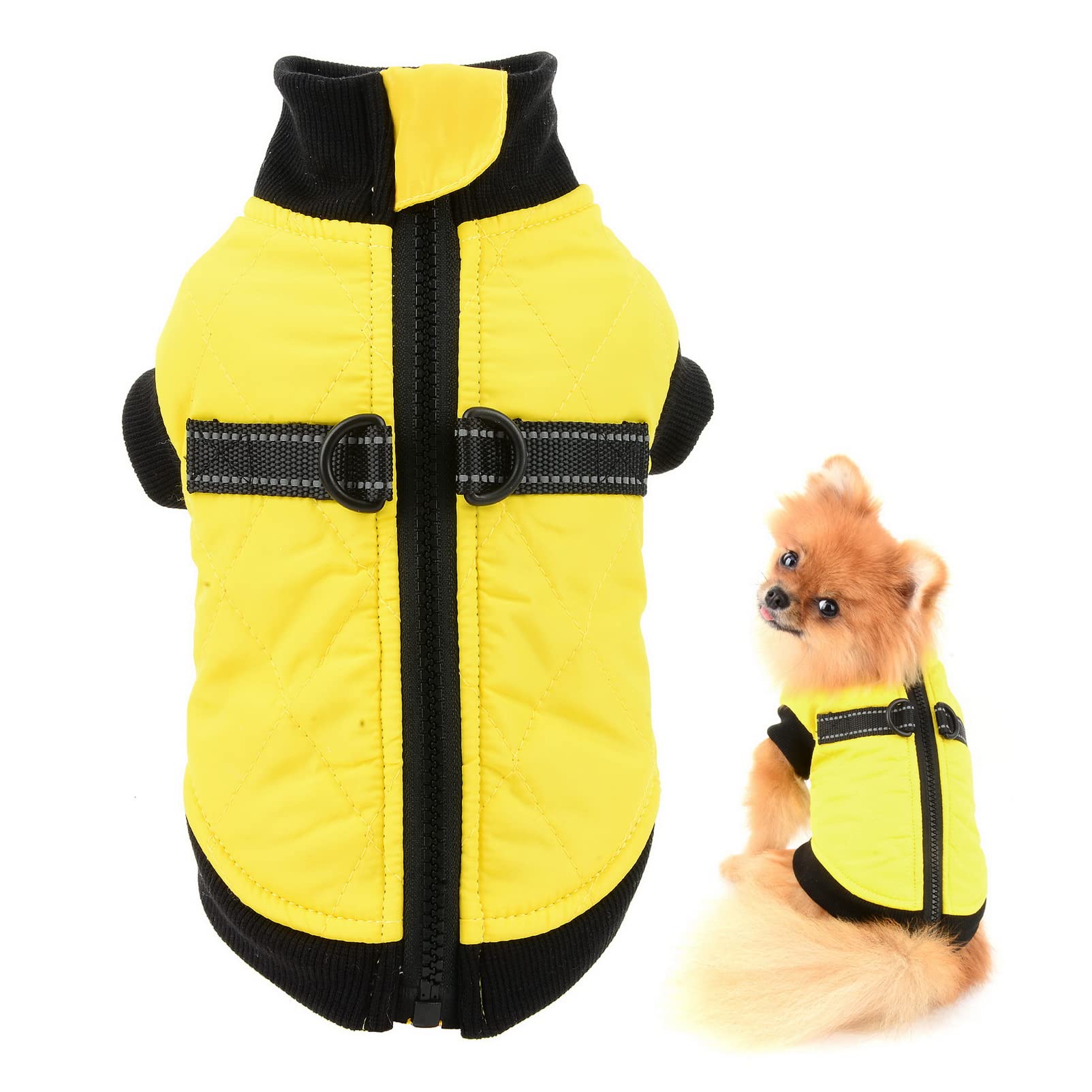 SMALLLEE_LUCKY_STORE Pet Water Resistance Zip-up Jacket Vest Coat with D-rings for Small Dogs Cats, Fleece Lined Puppy Chihuahua Yorkie Warm Winter Clothes, Yellow, XL