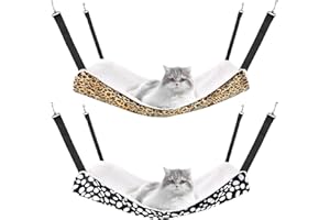 Jetec 2 Pieces Reversible Cat Hanging Hammock Soft Breathable Pet Cage Hammock with Adjustable Straps and Metal Hooks Double Sided Hanging Bed for Small Dogs Rabbits(Leopard and Dot,M)
