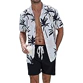 UOUA Men's Beach 2 Piece Outfits Hawaiian Flower Button Down Shirts and Shorts Sets