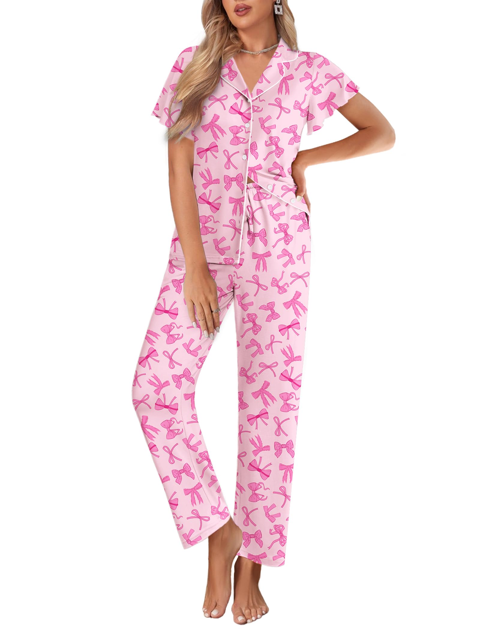 Photo 1 of *Partial set* Ekouaer Pajamas for Women Set Button Up Sleepwear Cute Pjs Ruffle Sleeve Notch Collar Lounge Sets with Long Pants Pink Bow Tie M