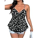 Floerns Women's Plus Size Floral Cami Tops Spaghetti Straps Front Ruffle Hem Tops
