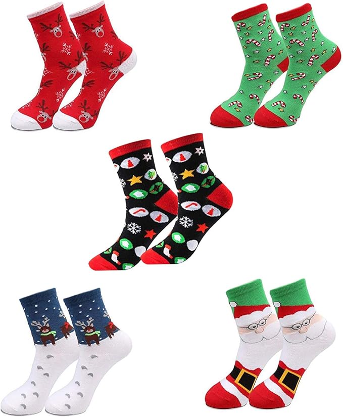 5 Pairs Pack Women Christmas Socks Cotton Novelty Santa Animal Assorted