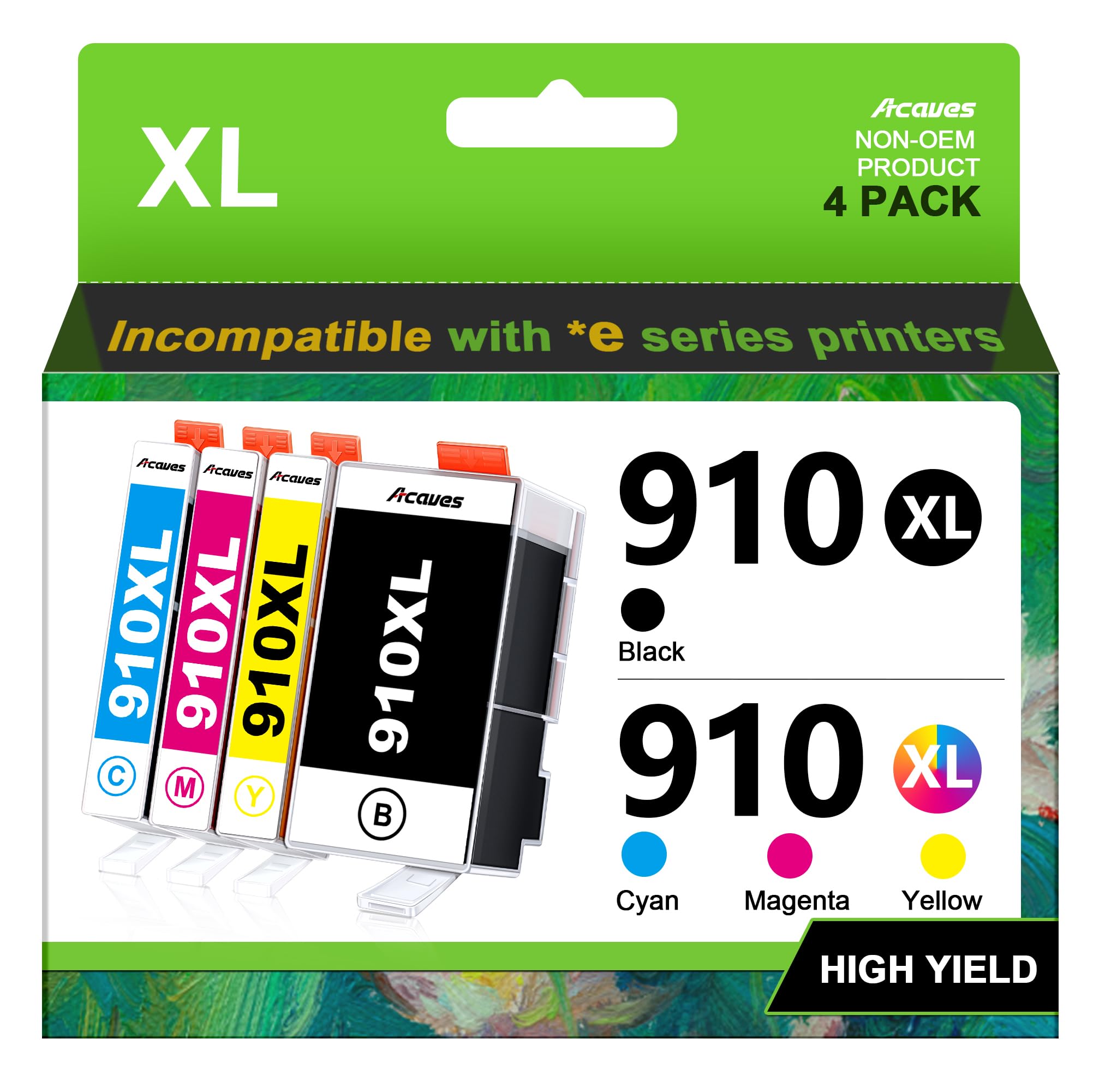 Photo 1 of Acaves 910XL Ink Replacement for HP 910XL Ink Cartridges Combo Pack 910XL Ink Cartridges for HP Printers HP910XL Work for Office Jet Pro 8020 8025 8028 8010 Printer, Black and Color 4 Pack
