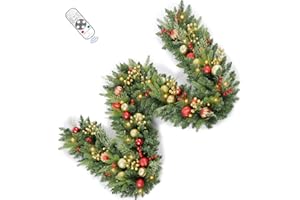 INSTREE CHRISTMAS 9FT Prelit Artificial Christma Garland with Dual Color LED Lights and Timer by Remote Control and Batteries Operated, Home Mantle Stairs Railing Fireplace Outdoor Indoor Wall