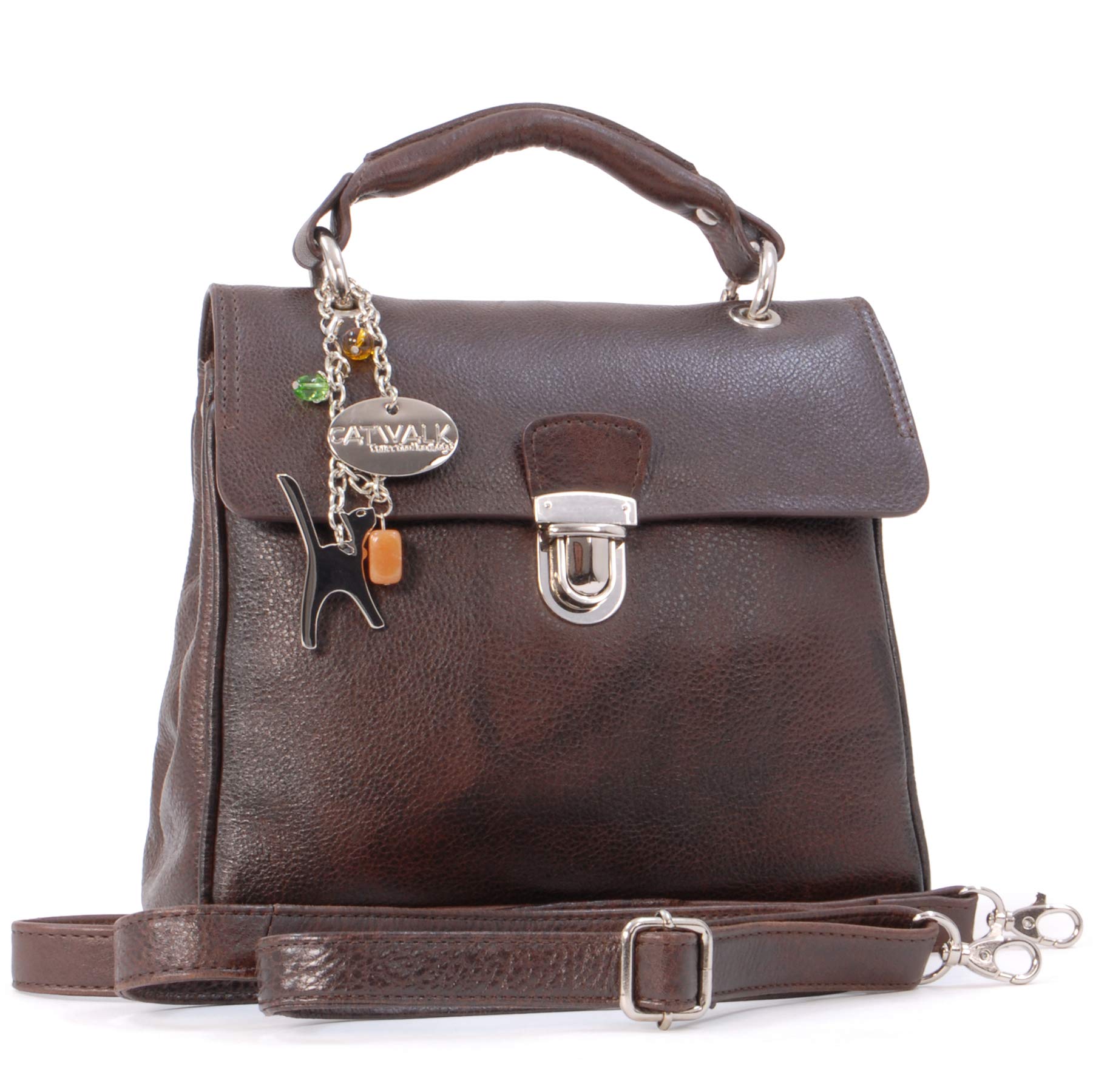Catwalk Collection Handbags - Women's Leather Cross Body Bag - Medium Top Handle Bag - Adjustable Detachable Shoulder Strap - Pandora - Brown
