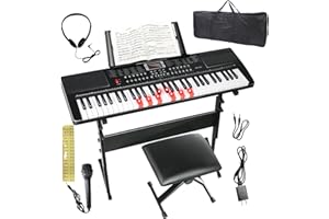 SFESGRER Keyboard Piano 61 Key Electric Piano Keyboard for Beginners/Professional, Full Size Light Up Music Keyboard Built-in Dual Speakers with LED Display, Stand, Music Stand, Microphone, Bench (Black A)