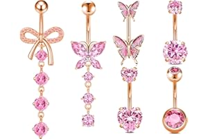 Belly Button Ring Surgical Stainless Steel Belly Button Rings for Women Pink Piercing Jewelry Dangling Belly Ring Pack