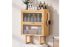 Cozivolife Over The Toilet Storage Cabinet, Bamboo Bathroom Organizer Rack with Lid and 2 Hooks, No Drilling Design Wall Mounted Space Saver Shelf for WC (Natural, L)