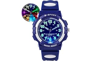 DTKID 7 Colorful Lights Children's Watch Boys Girls, Kids 30 M Waterproof Analog Watches Soft Rubber Band, Easy to Read Dial Time Lessons Wristwatch Children 5-18 Years Old