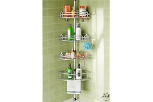 HAMITOR Corner Shower Caddy Tension Pole: 4-Tier Rust-Resistant Adjustable Bathroom Organizer Shelves - 47-121 Inch No-Drill Quick Installation - Space-Saving Storage for Renters Family - Silver Gray