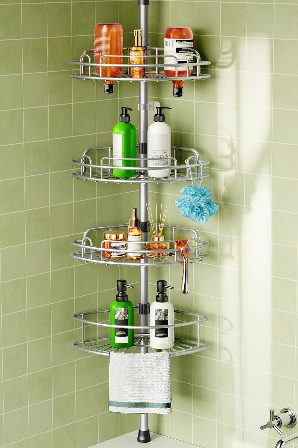 HAMITOR Corner Shower Caddy Tension Pole: 4-Tier Rust-Resistant Adjustable Bathroom Organizer Shelves - 47-121 Inch No-Drill Quick Installation - Space-Saving Storage for Renters Family - Silver Gray Image