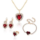 QLUYCKW Crystal Heart Necklace Earrings Ring Bracelet Set for Women Dainty Glitter Gold Cubic Zirconia Love Heart Pendant Necklace Adjustable Open Ring Wedding Party Valentin's day Jewelry