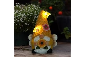 REYISO Garden Gnomes Sculptures for Outdoor& Garden Decor with Solar Bee Lights-Gnomes Decorations for Home- Sunflower Gifts for Women, Mom or Birthdays-Summer Gnomes Fairy Garden for Patio,Yard,Lawn