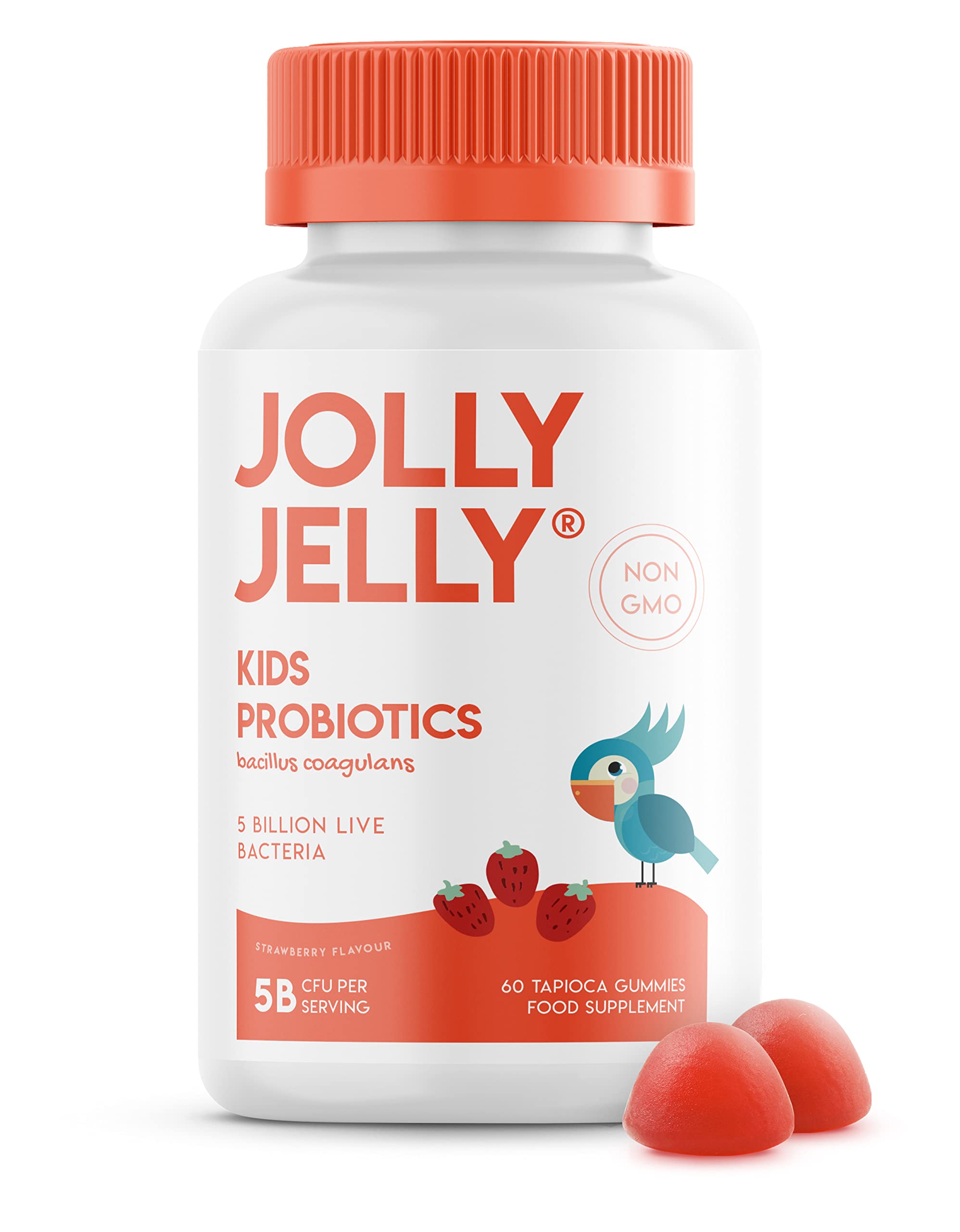 Kids Probiotics Gummies - 5B CFU Bacillus Coagulans Live Bacterial Cultures – 60 Vegan Gummies - Age 4+, Strawberry Flavour by Jolly Jelly