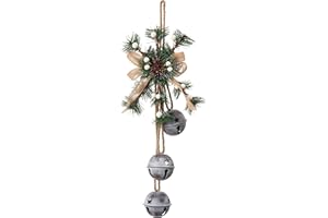 BELLDESIGNS Vintage White Christmas Jingle Bells for Door Bell Knob with Hanging Rope,Metal Bells,Pine Cone,Jute Bows and Berries,Home Décor,Holiday Tree/Door/Wall/Wreath Hanging Ornament for DIY