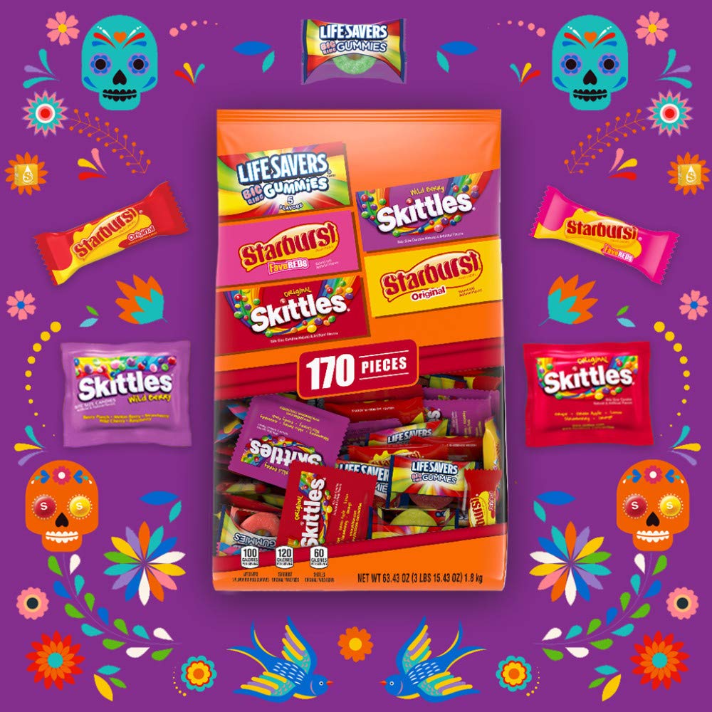 SKITTLES, STARBURST, and LIFE SAVERS Gummies Halloween Candy Bag, 170 Fun Size Pieces, 63.43 ounce : Grocery & Gourmet Food