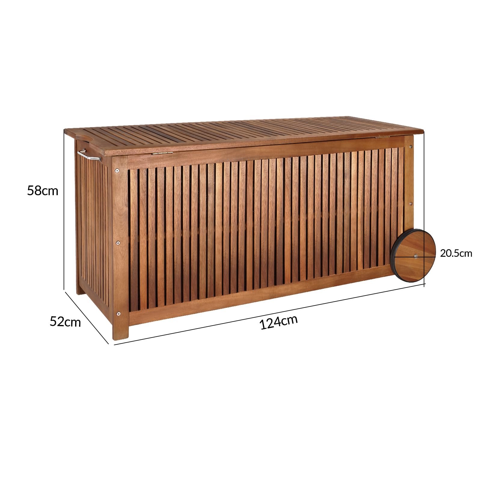 Casaria® Gartenbox Holz 350L Deckel 160kg belastbar Räder Griff Innenplane Ablaufkante Garten Stauraum Box Auflagenbox Akazie Wetterfest 117x52cm 2