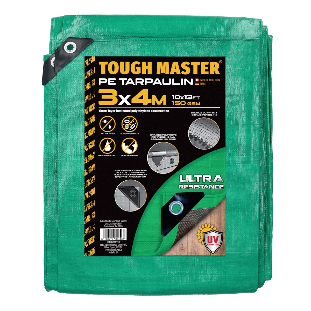 TOUGH MASTER 7 Sizes Heavy Duty Tarpaulin Waterproof Cover Tarp Ground Sheet (Green/Grey, 3 X 4M)
