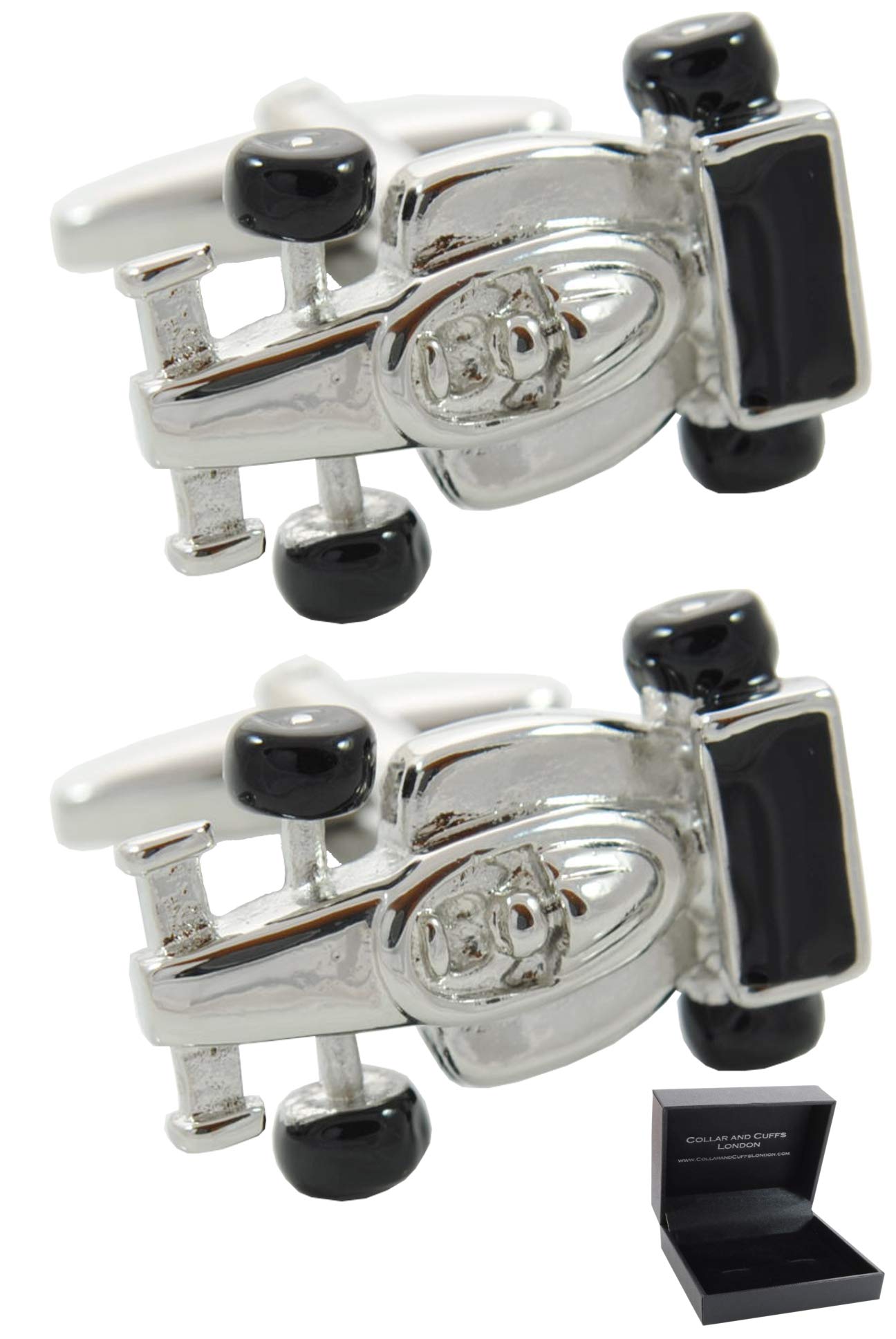 Cufflinks for Men + Presentation Box - Car - Racing Car - Solid Brass Metal - Perfect For Car Lovers - Motor Sport Race Track Speed - Silver Colour - One Pair