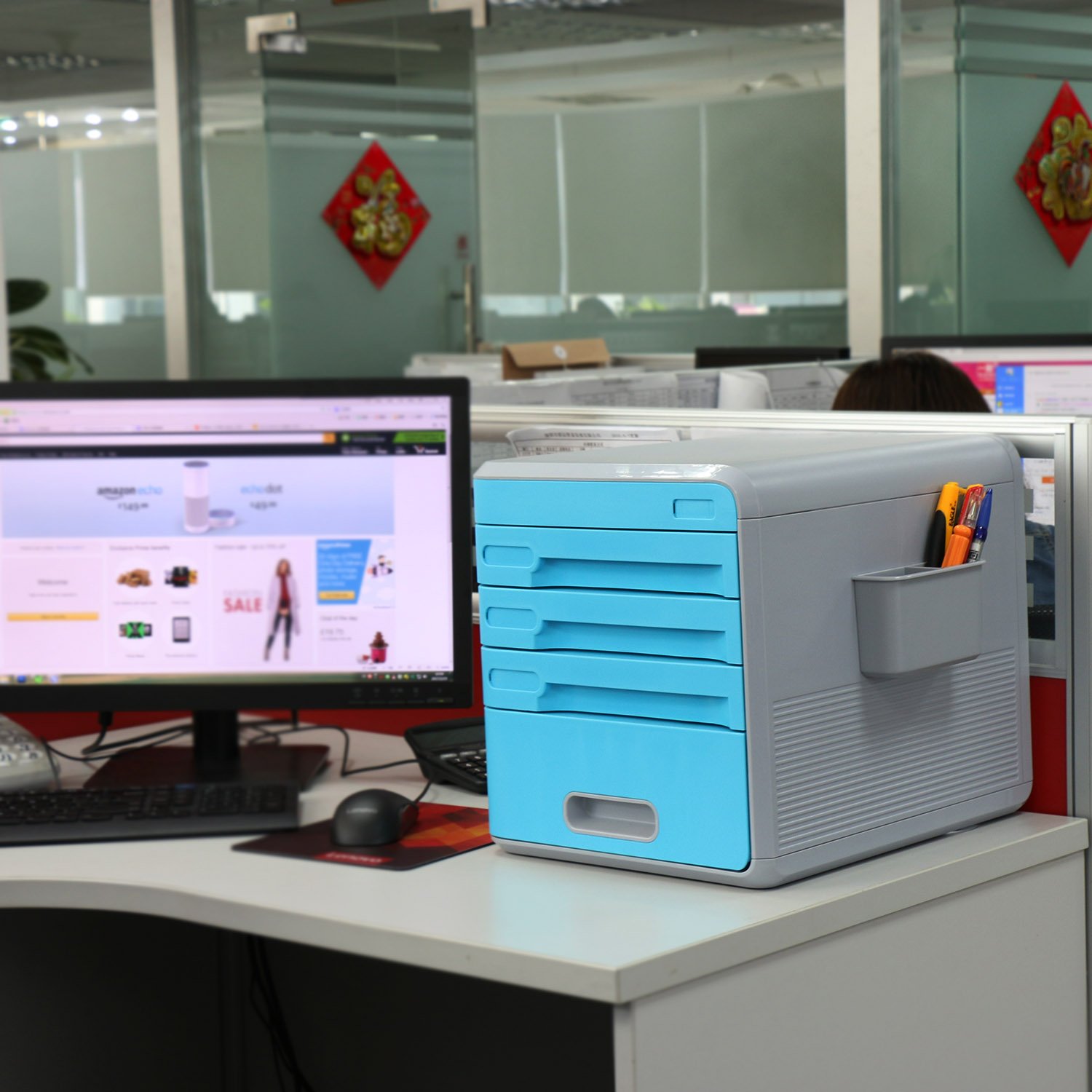 Plastic Storage Drawers Desk Storage Unit Organizer Lockable File Cabinet A4 Box For Office ,Blue