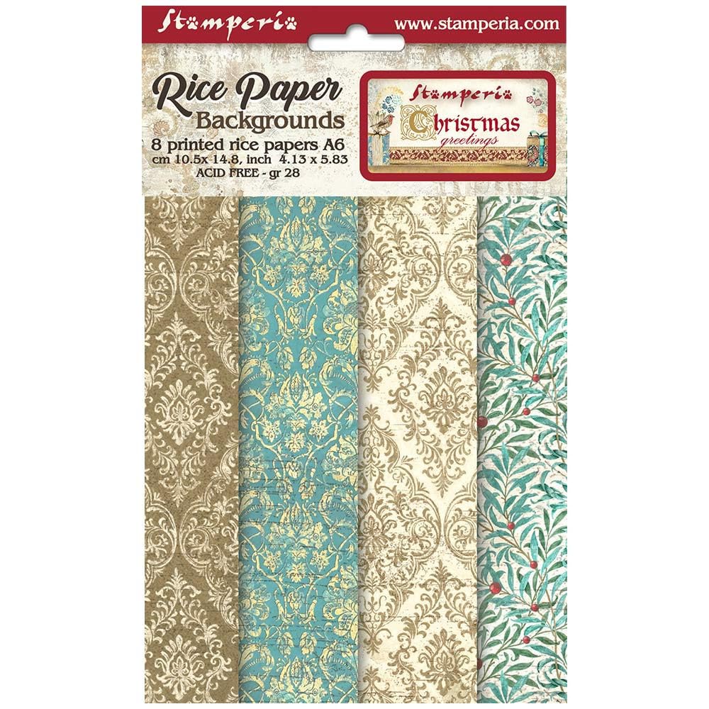Stamperia Selection of 8 A6 Rice Paper Backgrounds All Around Christmas, Multicolour, One Size