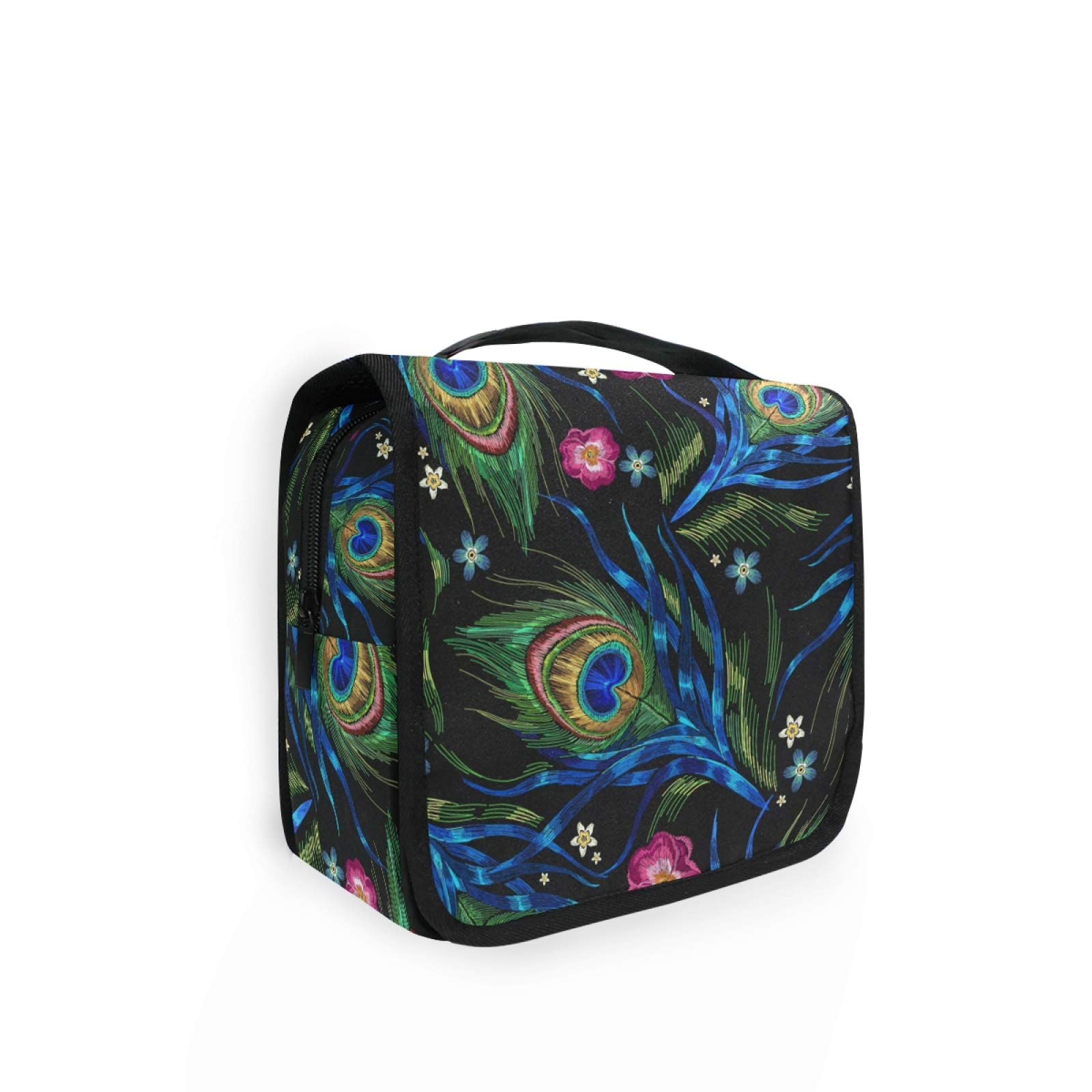 Moyyo Peacock Feathers Portable Organiser Bag for Women, Girls & Kids - Hanging Toiletry Bag with Printed Feathers Pattern for Travel, Gym & Camping