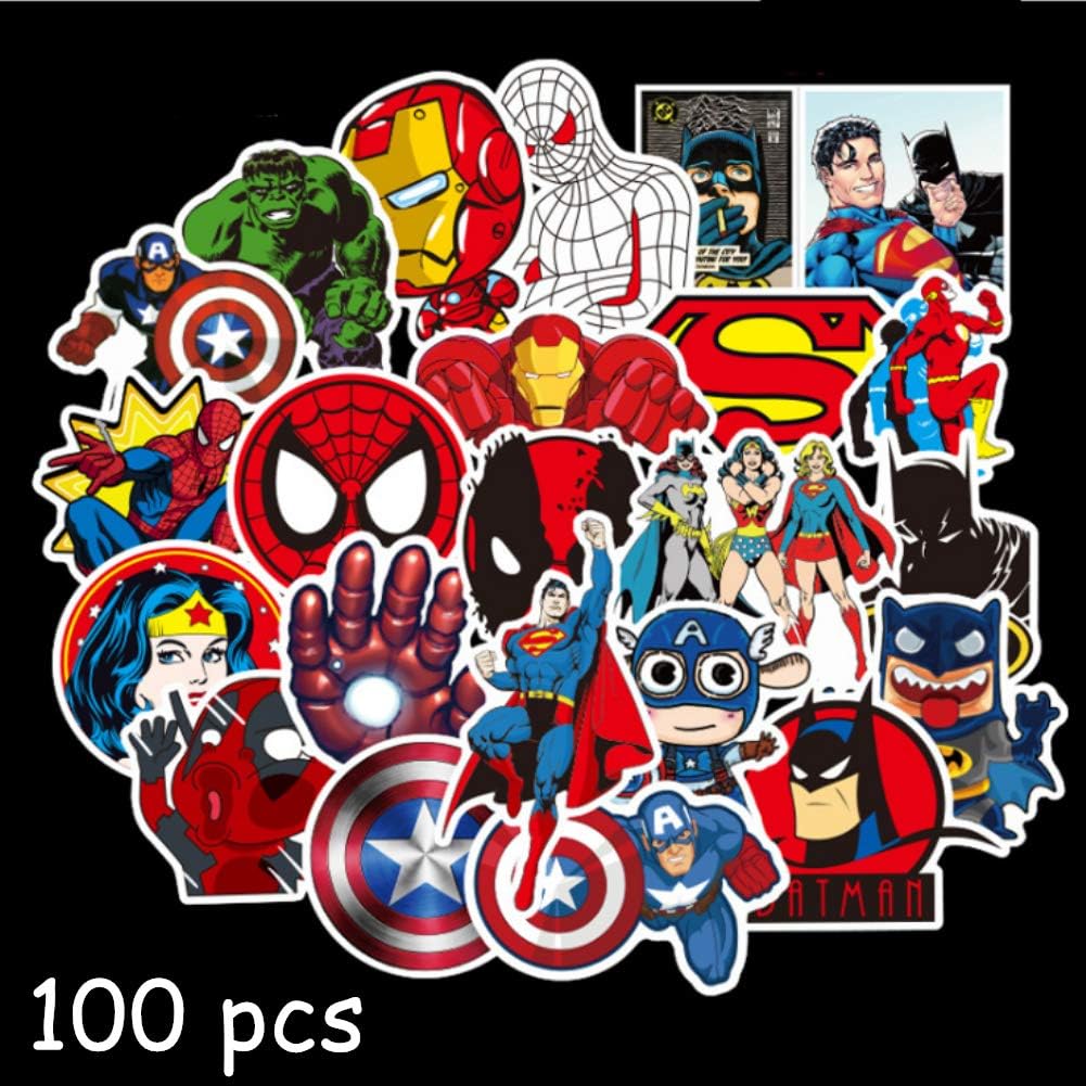 DQTYE 100pcs Cool Vinyl Graffiti Decal Sticker Pack Superhero Theme for Laptop Car Kids Book Skateboard Moto Bike Luggage Bumper Snowboard