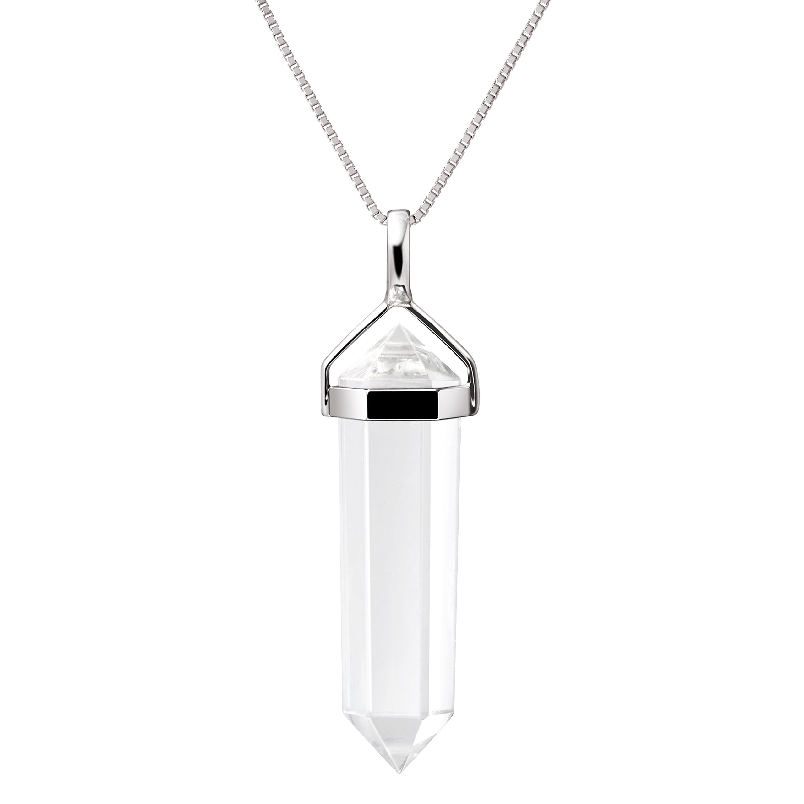 Franki Baker Natural Quartz Crystal Gemstone Double Point Pendant (3.50cm) Necklace on 925 Sterling Silver Chain (50cm)