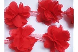 YYCRAFT 4.5 Yards 2.5" 3D Chiffon Flower Lace Trims Bridal Bouquets Christmas Decorations Cluster Flower DIY Sewing(Red)