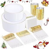 Supernal 350pcs Gold Plastic Dinnerware Set for 50 Guests,Fancy Disposable Plates for Party,Gold Plastic Silverware with White Handle,Disposable White Plates Wedding,Birthday