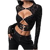 SweatyRocks Women's Y2k Lace Long Sleeve Shirt Cut Out Sheer Crop Tops Sexy Going Out Rave Party Club Top