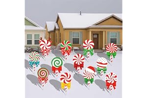 PHYLENCE 12-Piece Christmas Lollipop Yard Signs with Stakes Decorations – Assorted Candy Cane Peppermint Designs 14 Inches Large Outdoor Holiday Candy Signs for Garden, Lawn, Driveway, and Christmas Party Favor