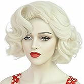ANOGOL Hair Cap+ White Curly Wig Women Short Blonde Wig Cosplay Big Wavy 80s Flip Wigs Blonde Wavy Bob Wigs White Synthetic Hair Halloween Party Costumes Classic Outfit (Non-Lace)