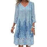 utcoco Womens V-Neck 3/4 Sleeve Summer Dress 2025 Fashion Flower Print Lace Hollow Out Mini Dress