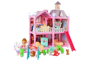 ABIFNY Doll House Dollhouse Princess Dollhouse Dream House for Girls 2-Story 4 Rooms Dollhouse Furniture and Accessories, Toddler Playhouse Gift DIY Building for 3 4 5 6 7 8 Year Old Girls