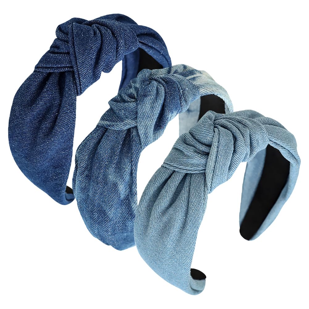 3 Pcs 6cm Wide Denim Headbands - Cloth Top Knot, Fashion Cross Knot, Vintage Knotted Hair Bands - Elastic Twist, Non Slip