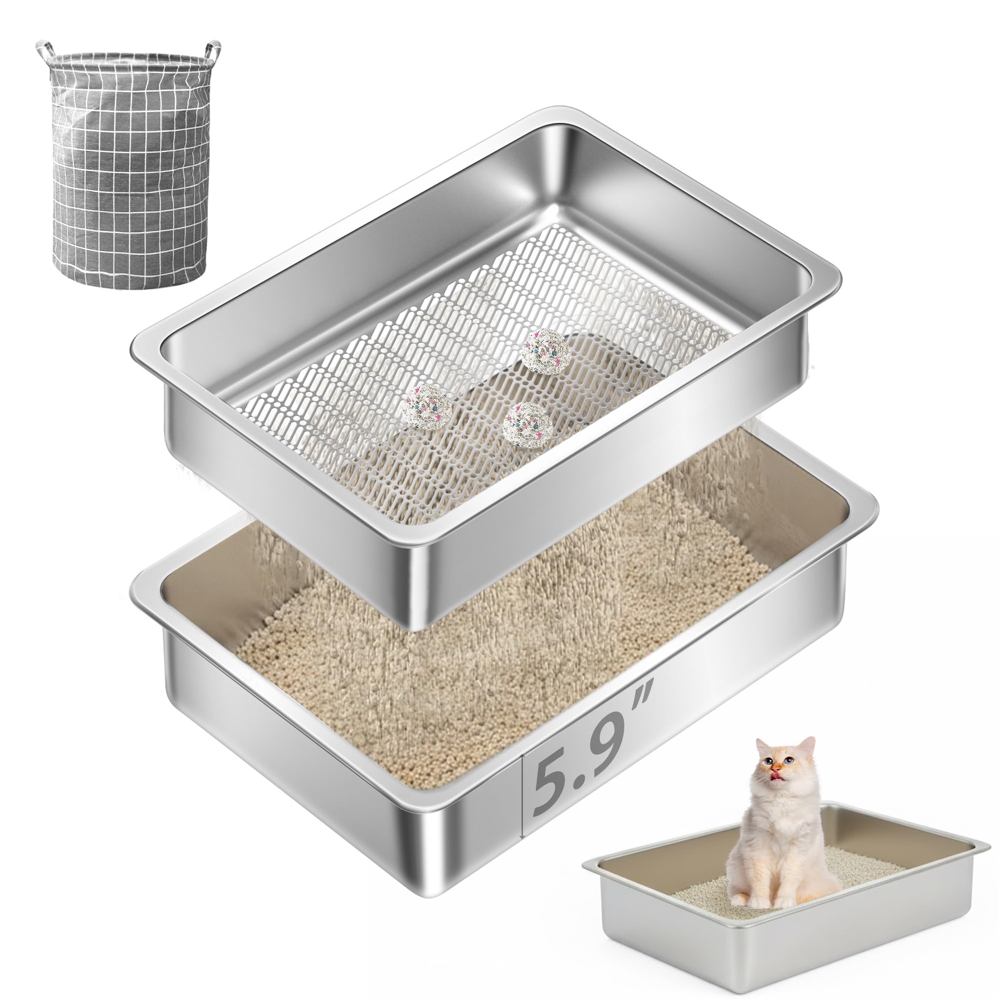 Photo 1 of Teheao Stainless Steel Sifting Cat Litter Box for Clumping Litter, Kitty Large Metal Sifter Tray Pan with Cat Litter Bag, Low Dust, Odor Control, Easy Cleaning (15.7"*11.8"*5.9")