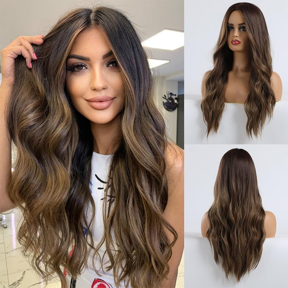 HAIRCUBE Brown Wig Middle Parting Long Curly Women's Wigs 24 Inch Wigs for Women Natural Looking Synthetic Wigs