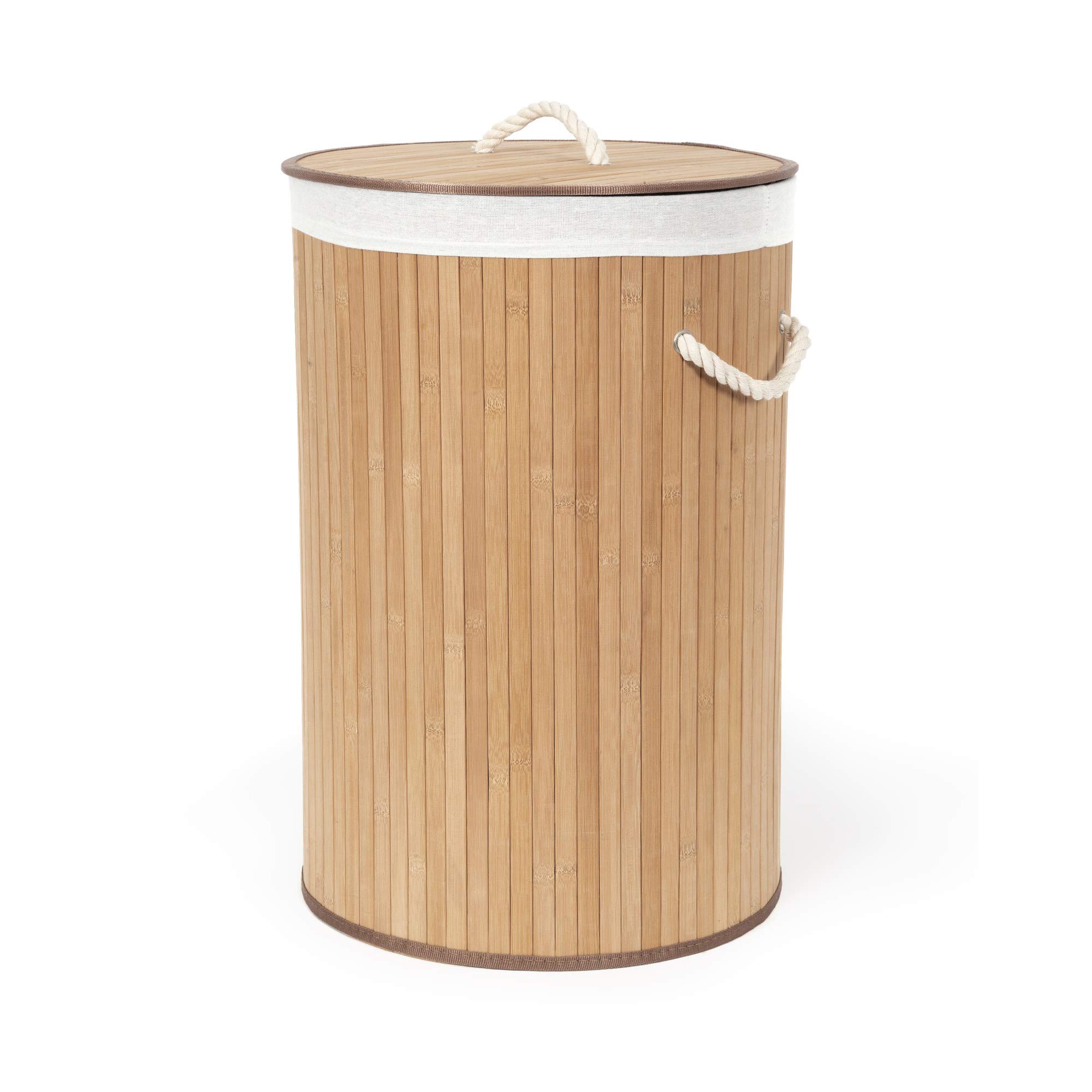 Compactor Round Bamboo Laundry Basket with Lid, Foldable Washing Hamper for Storing Clothes and Linen in Bedrooms and Bathrooms, Removable Liner and Rope Handles, Natural Brown