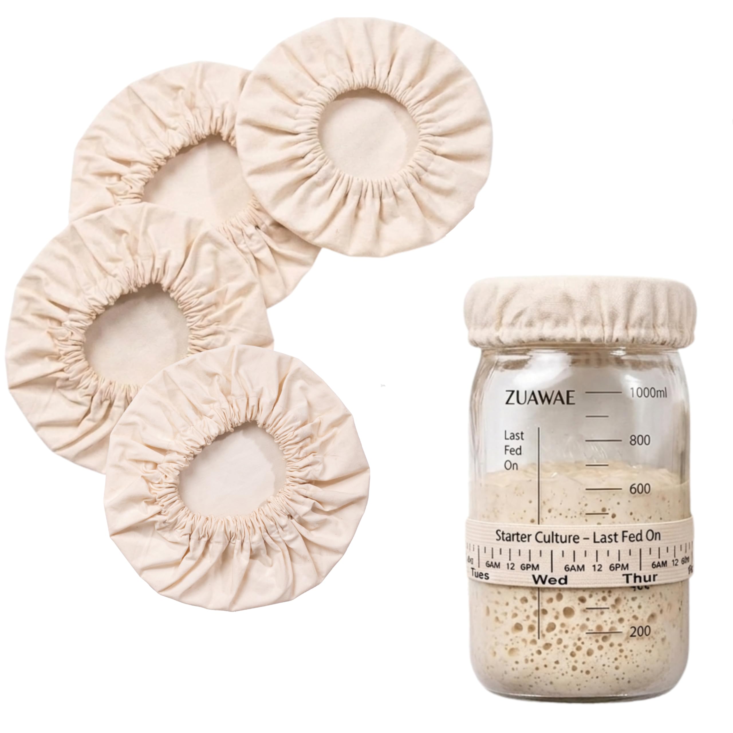 4-Pack Organic jar covers 100% Cotton stretchable sourdaough starters, Jam Jars,Kombucha Fermentation, Mason fabric Lids Reusable and Breathable