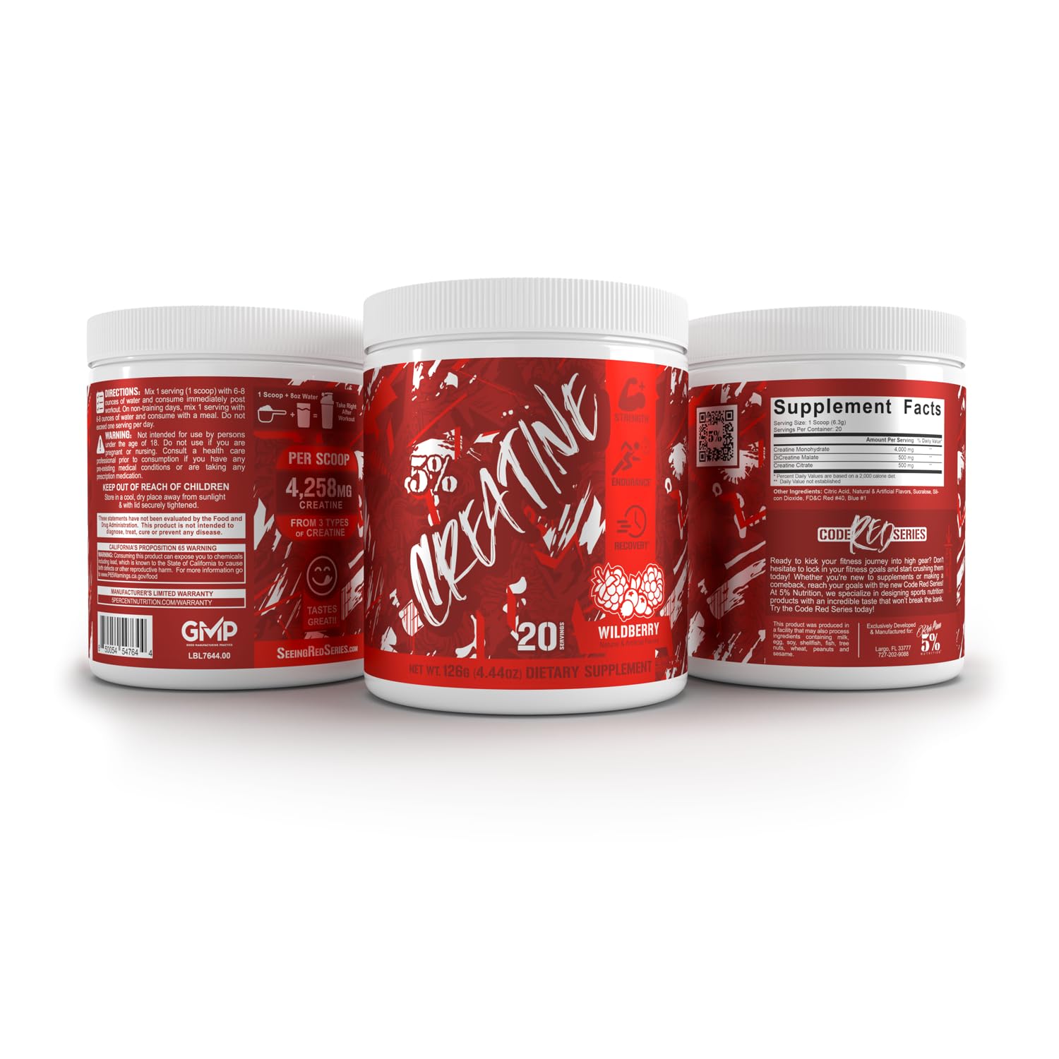 5% Nutrition Code Red Micronized Creatine | Monohydrate Powder Blend | Flavored Creatine for Power, Strength Endurance, Cellular Energy & Cognitive Health (Wild Berry)
