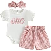 Amiblvowa Baby Girl One 1st Birthday Outfit Short Sleeve Romper Plaid Gingham Shorts Set First 1 Year Old Smash Cake Clothes