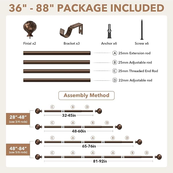 PESENP ANTIQUE BRONZE CURTAIN RODS FOR WINDOWS 48 TO 84 INCHES, 1″ ADJUSTABLE HEAVY DUTY ANTIQUE WINDOW CURTAIN ROD WITH EUROPEAN VINTAGE FLORAL FINIAL, VINTAGE DECORATIVE DRAPERY RODS FOR BEDROOM