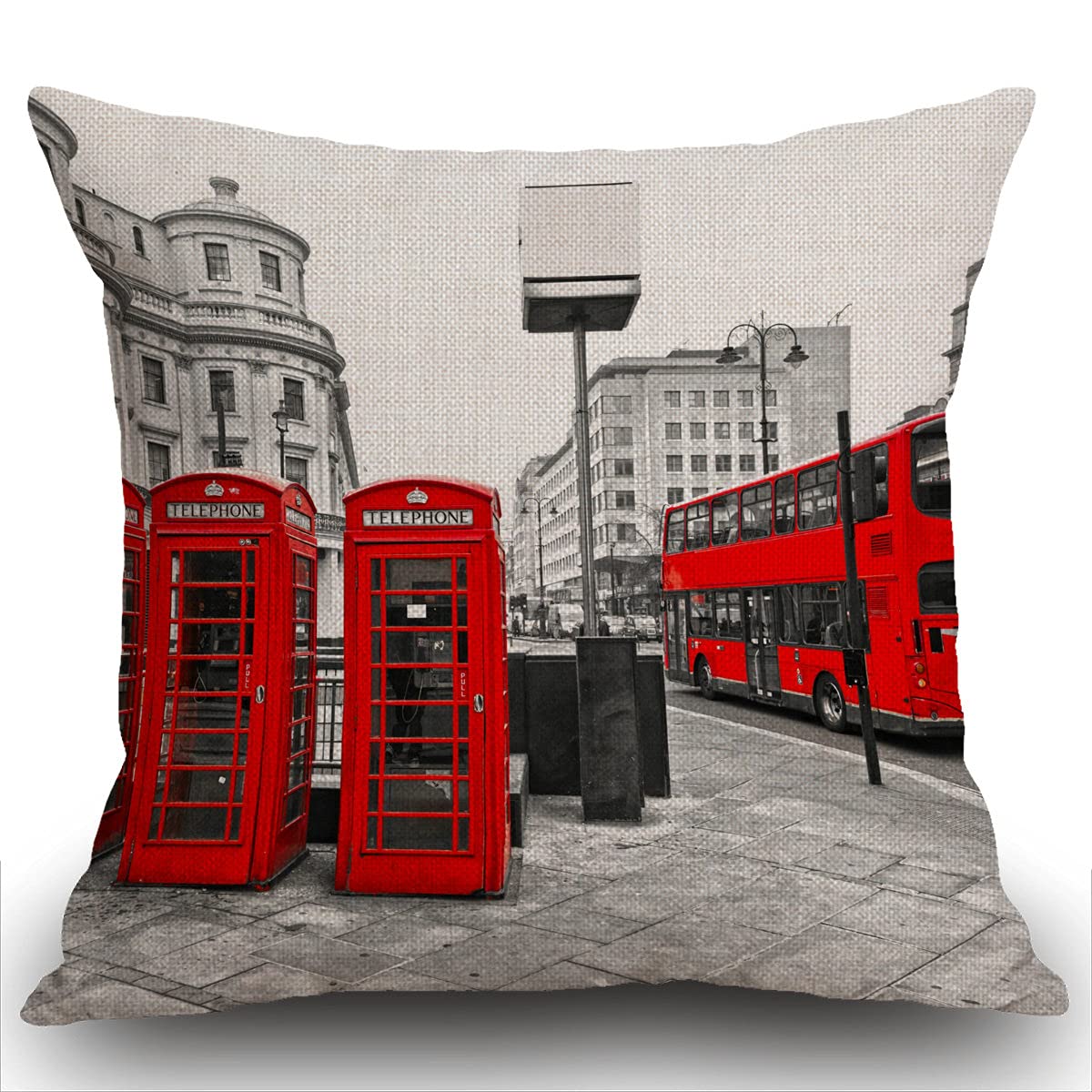 Smooffly London City Cotten Linen Cushion Cover,Double decker Bus Red Telephone Boxes Decorative Square Throw Pillow Case Pillowcase for Couch Livingroom Sofa Bed 45cm x 45cm,18x18 Inches