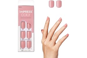 KISS imPRESS Color Polish-Free Solid Color Press-On Nails, PureFit Technology, Short Length, Pretty Pink', Includes Prep Pad, Mini Nail File, Cuticle Stick and 30 Fake Nails