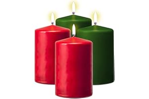 Hyoola Holiday Pillar Candles 2x3 Inch - Green and Red Pillar Candles - 4 Pack - Unscented Christmas Candles - European Made