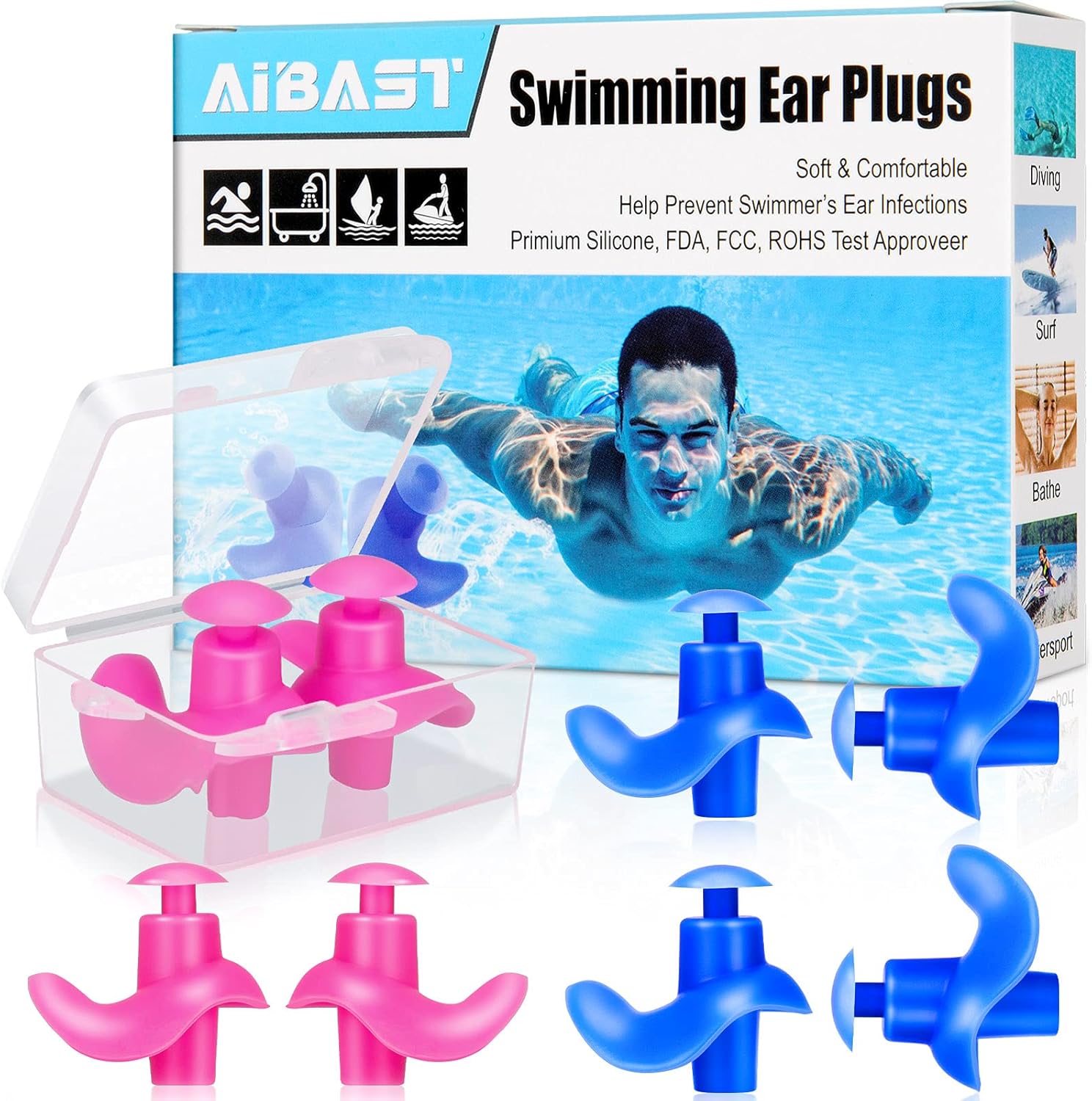 Swimming Ear Plugs, 2021 Pink Blue 4 Pairs AiBast Professional Waterproof Reusable Silicone Earplugs for Swimming Showering Bathing Surfing and Snorkeling with ​Boxes, Suitable for Kids and Adult: Health & Personal Care