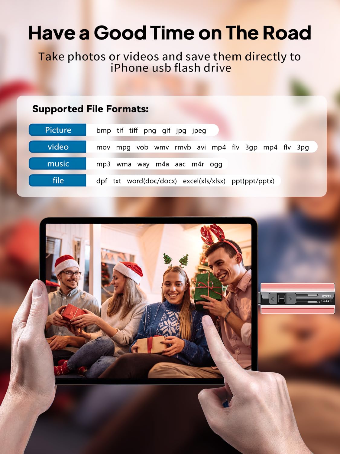 EATOP 512GB Flash Drive Intended for iPhone iPad, Memory Stick Storage for Photos and Videos Backup, Compatible with iPhone iPad Android PC, Plug and Play, No Application Required (Pink)