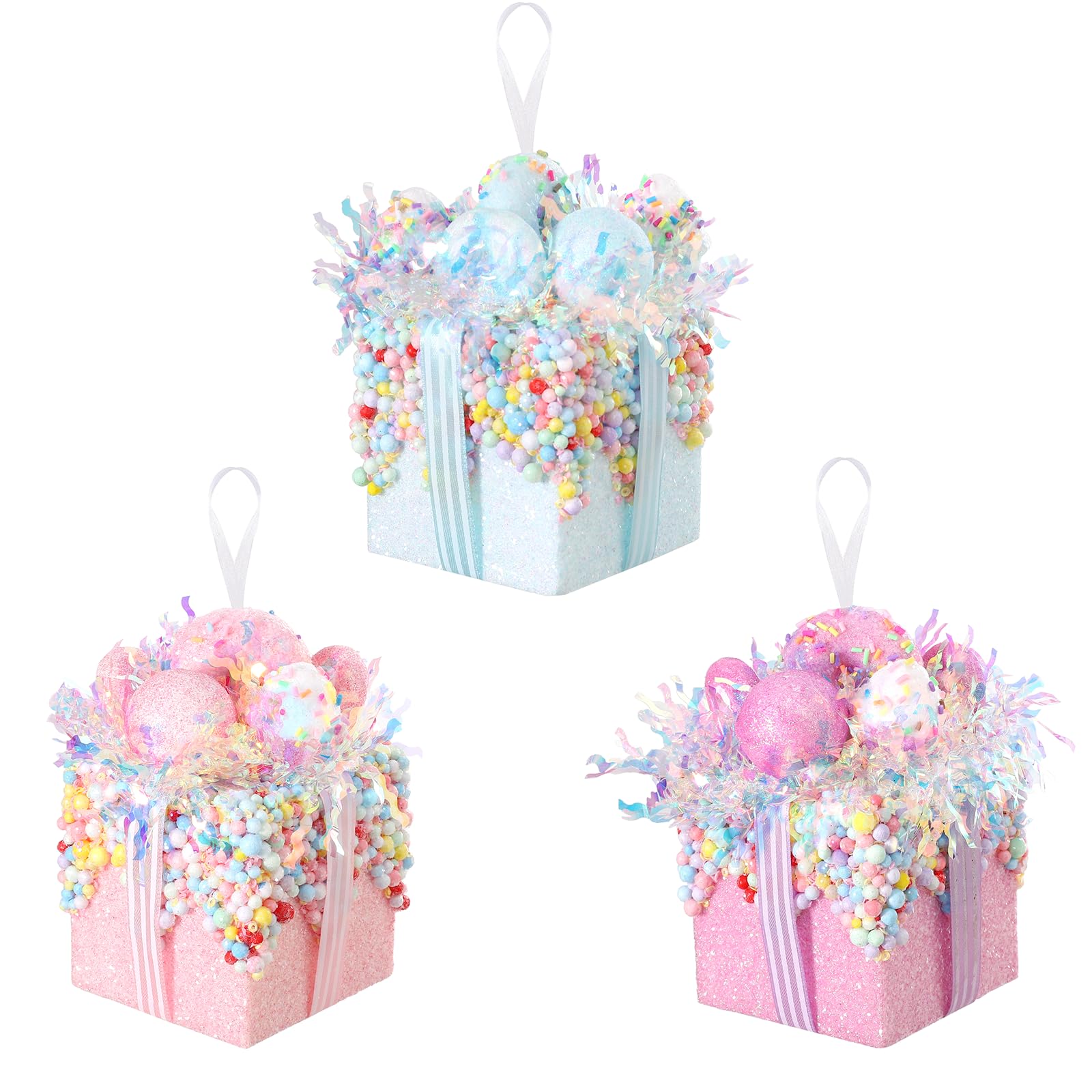 Photo 1 of Christmas Tree Gift Box Ornament Set,3 Pieces Macaron Color Candy Gift Hanging Ornaments for Christmas, New Year, Easter, Birthday (Pink Purple Blue)